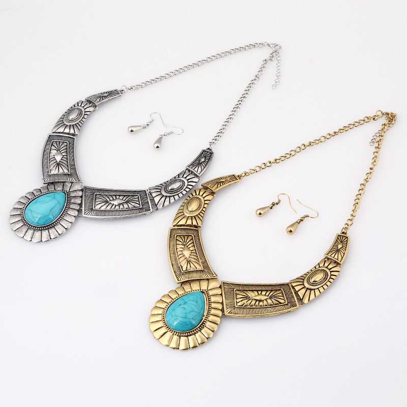 Wholesale Jewelry Fashion Vintage Floral Pattern Water Drop Gemstone Inlay Necklace