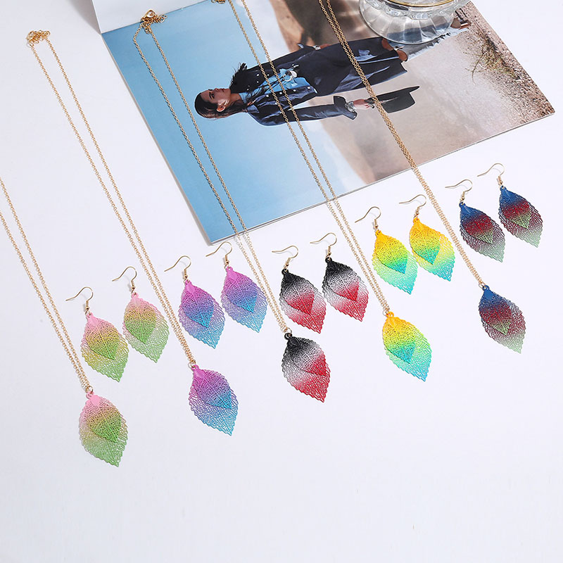 Wholesale Jewelry Simple Vintage Colorful Metal Computer Leaf Necklace Earrings Two-piece Set
