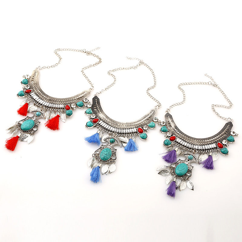 Wholesale Jewelry Vintage Fashion Long Tassel Gemstone Leaf Necklace