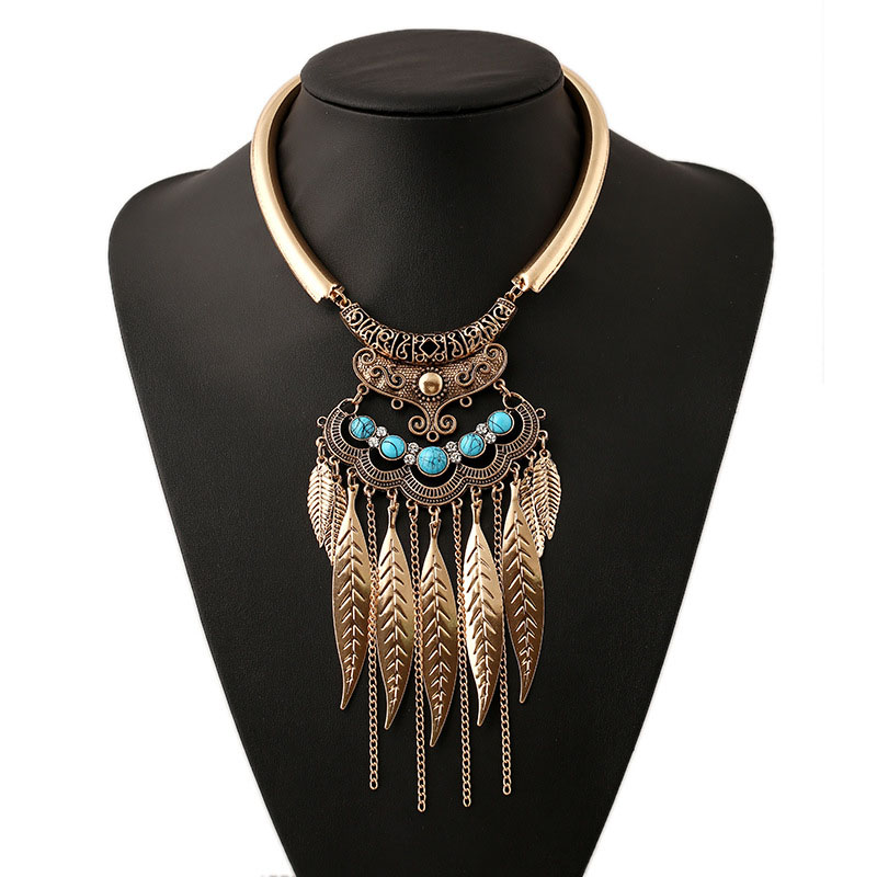 Wholesale Jewelry Exaggerated Glossy Leaves Tassel Metal Fashion Versatile Clavicle Chain Necklace
