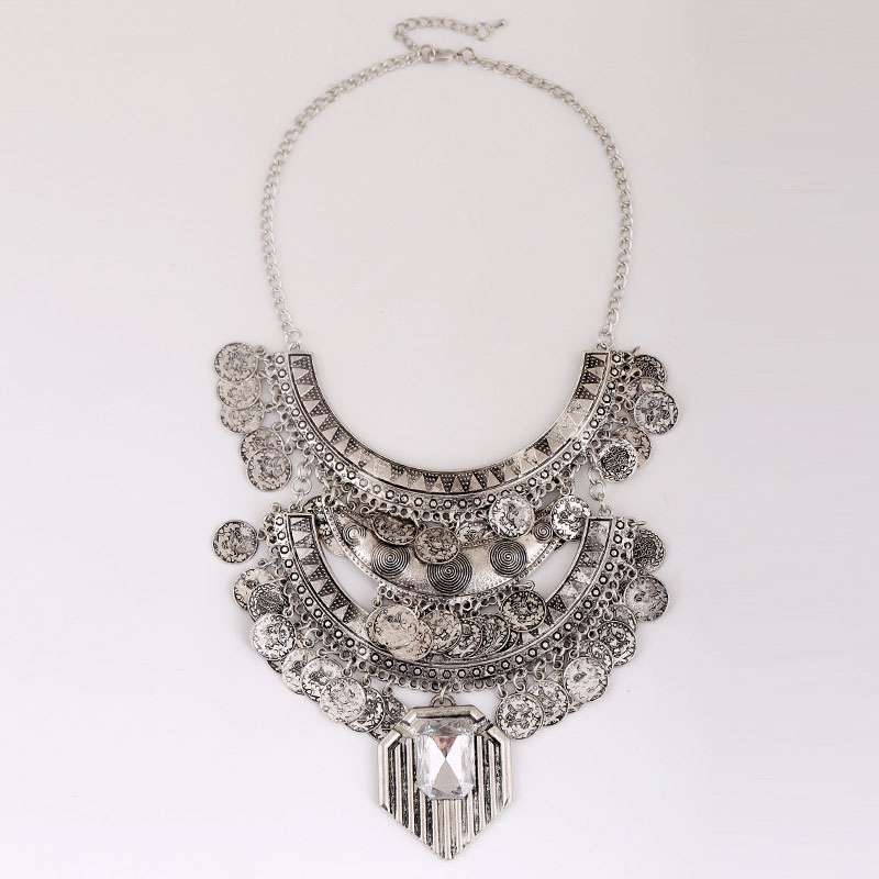 Wholesale Jewelry Vintage Bohemian Ethnic Style Antique Silver Plated Coin Tassel Exaggerated Short Necklace