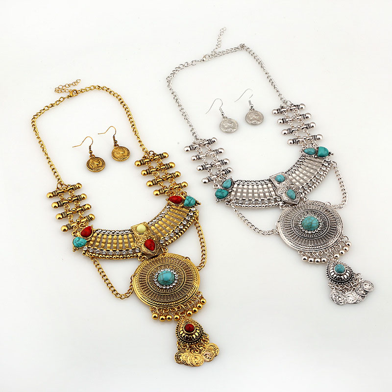 Wholesale Jewelry Vintage Round Hollow Geometric Teardrop Portrait Tassel Necklace