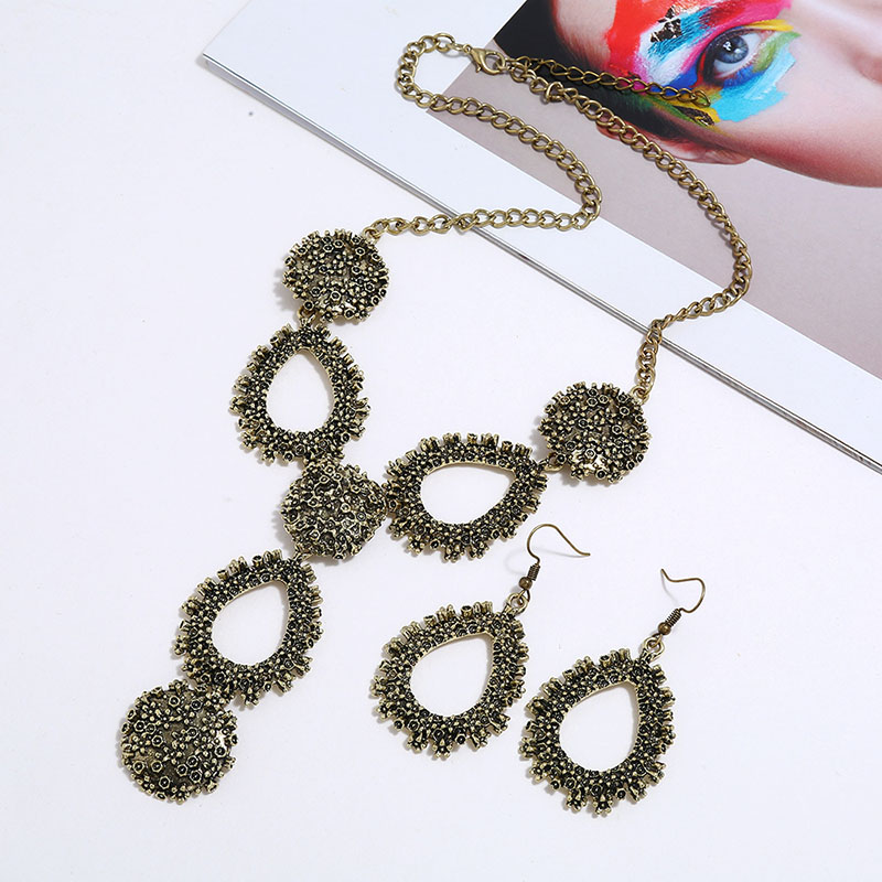 Wholesale Jewelry Exaggerated Personality Geometric Teardrop-shaped Metal Embossed Necklace Earrings Set