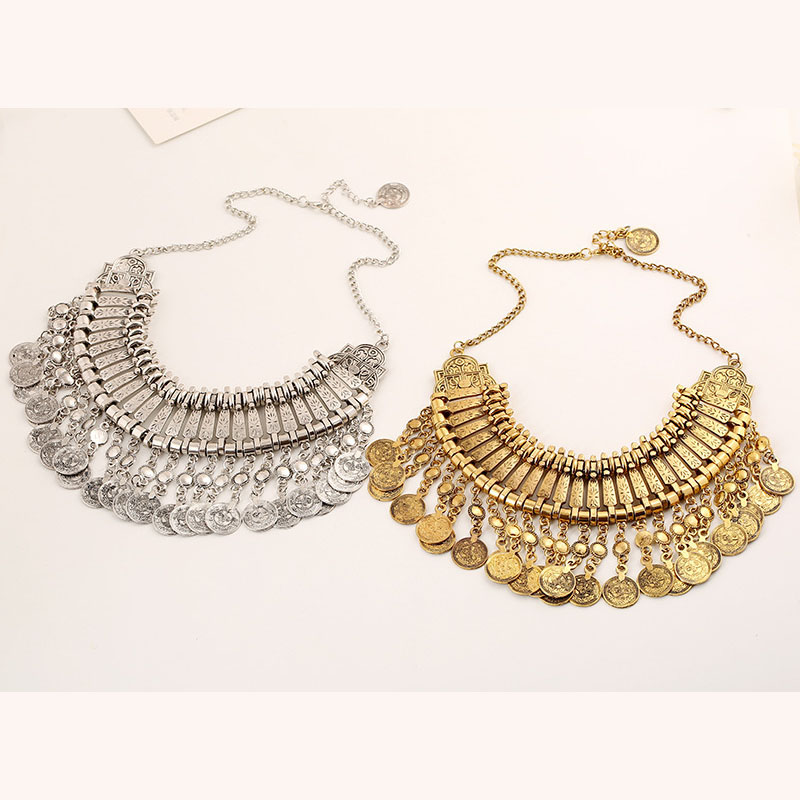 Wholesale Jewelry Vintage Coin Multi-layer Metal Carved Tassel Fashion Exaggerated Short Necklace
