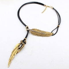 Wholesale Jewelry Feather Leaves With Diamonds Black Leather Rope Multi-layer Tassel Necklace Collarbone Chain Sweater Chain