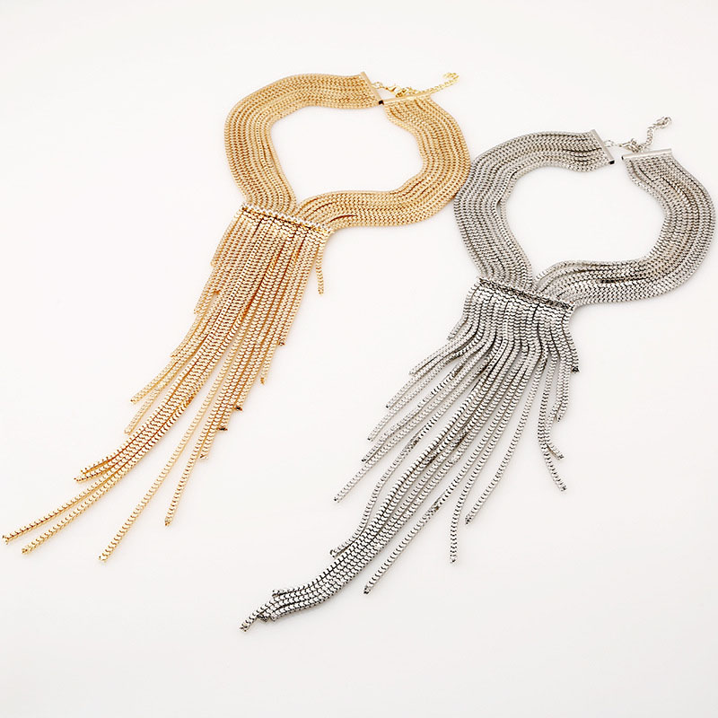 Wholesale Jewelry Exaggerated Tassel Gemstone Inlaid Necklace Fashionable Atmosphere Long Exquisite