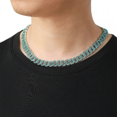 Wholesale Jewelry Hip Hop Aquamarine Full Diamond Cuban Chain 11mm Fashion Box Clasp Necklace