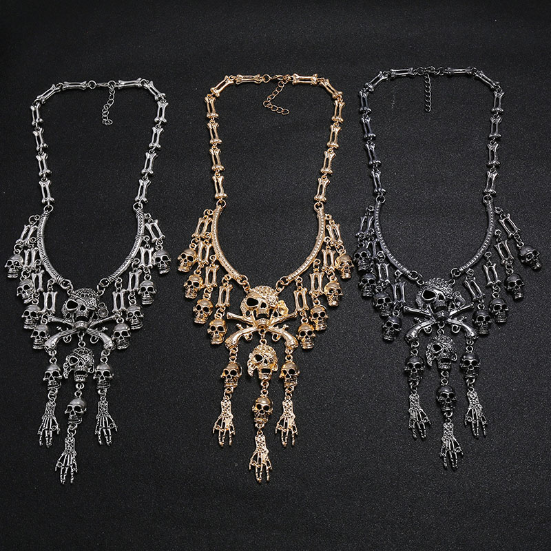 Wholesale Jewelry Vintage Exaggerated Multi-layer Skull Tassel Necklace Ghost Hand Clavicle Chain