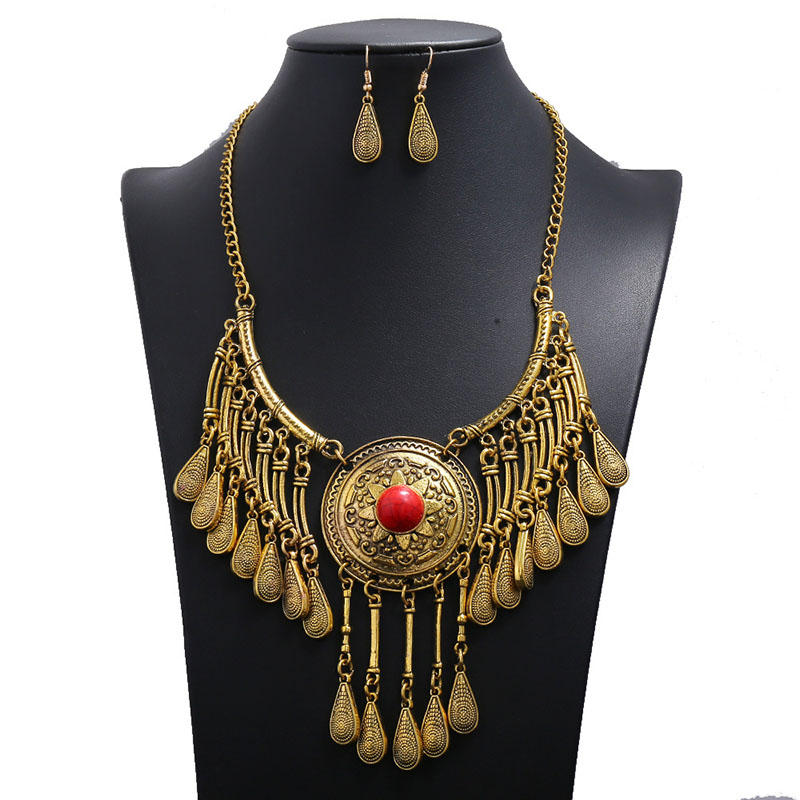 Wholesale Jewelry Teardrop Tassel Necklace Set Vintage Geometric Flower Pattern Clavicle Chain