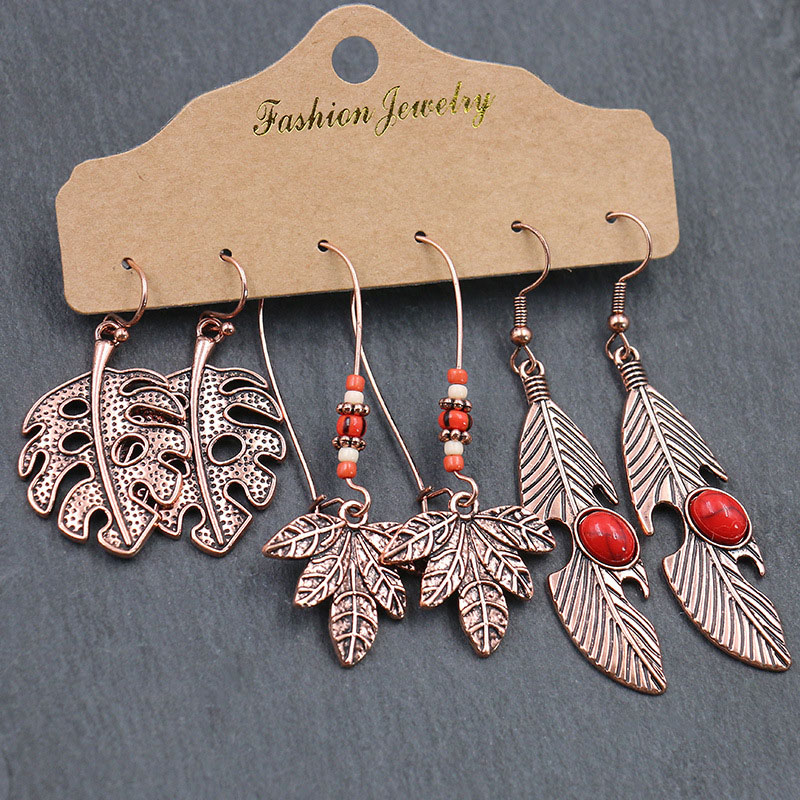 Wholesale Personalized Creative Vintage Champagne Gold Metal Leaf Rock Earrings 3-piece Set