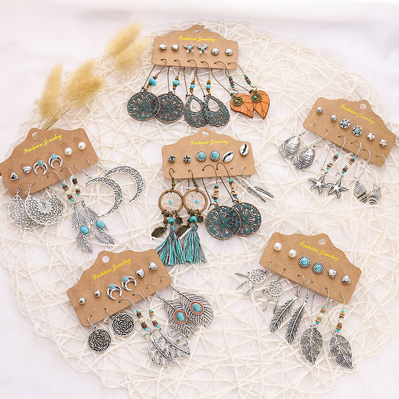 Earrings Set Vintage Long Tassel Leaves Feathers Ethnic Wind Earrings Supplier