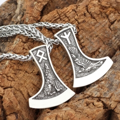 Wholesale Viking Double-sided Axe Head Lunavin Odin Mount Wolf Head Raven Necklace
