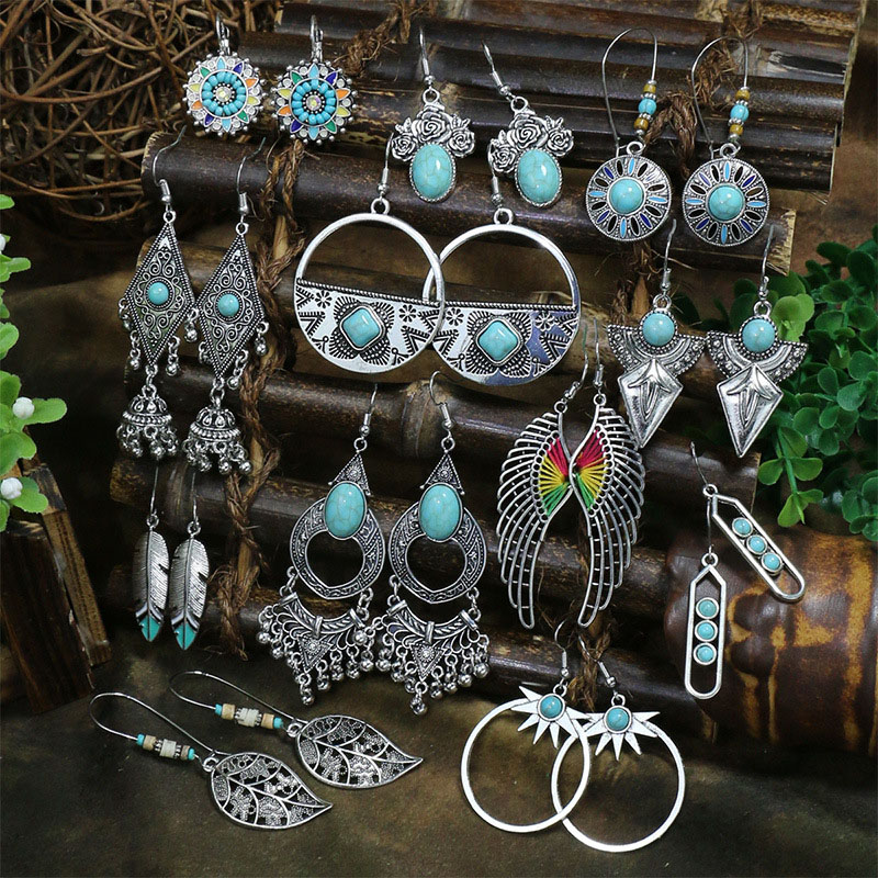 Ethnic Style Silver Geometric Metal Turquoise Inlaid Tassel Earrings Supplier
