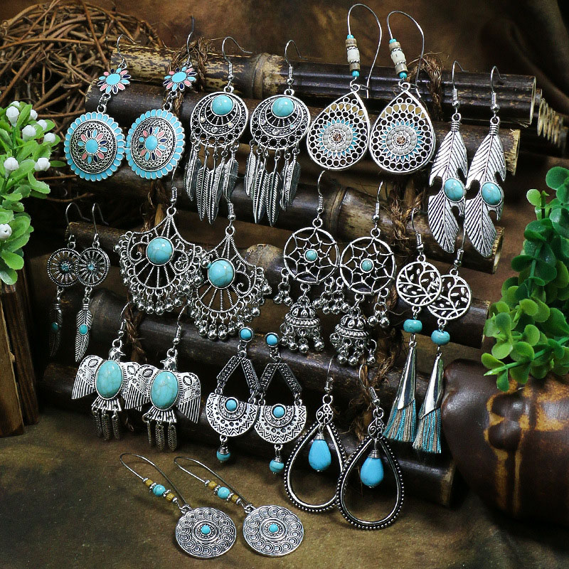 Bohemian Tassel Geometric Alloy Vintage Temperament Exaggerated Turquoise Earrings Supplier