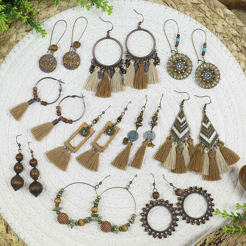 Ethnic Style Tassel Vintage Geometric Round Wooden Bead Earrings Supplier