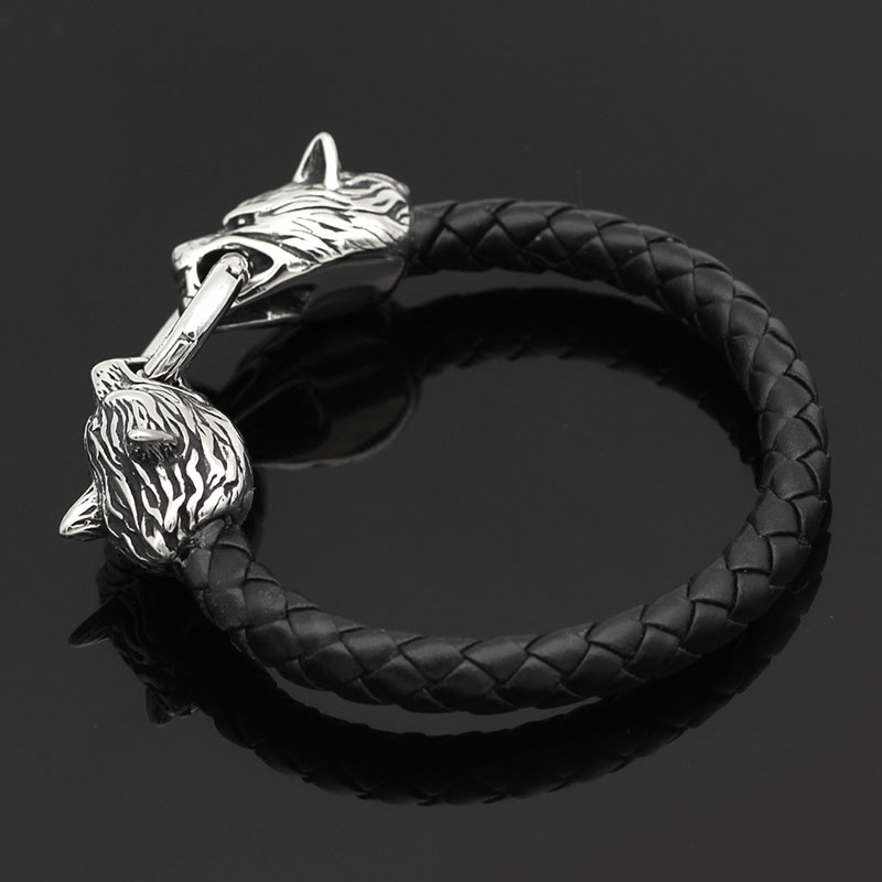 Wholesale Stainless Steel Braided Leather Cord Titanium Steel Viking Wolf Head Bracelet