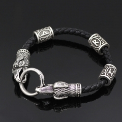 Wholesale Nordic Viking Symbol Beads Odin Raven Head Real Cowhide Bracelet