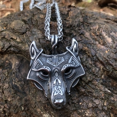 Wholesale Celtic Stainless Steel Wolf Head Pendant Viking Necklace