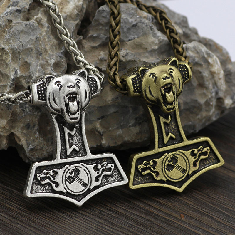 Wholesale Nordic Viking Wolf Head Lunavin Hammer Pendant Necklace