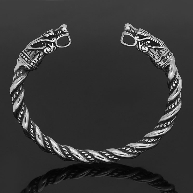 Wholesale Scandinavian Mythology Viking Stainless Steel Vintage Double-headed Dragon Open Solid Bracelet
