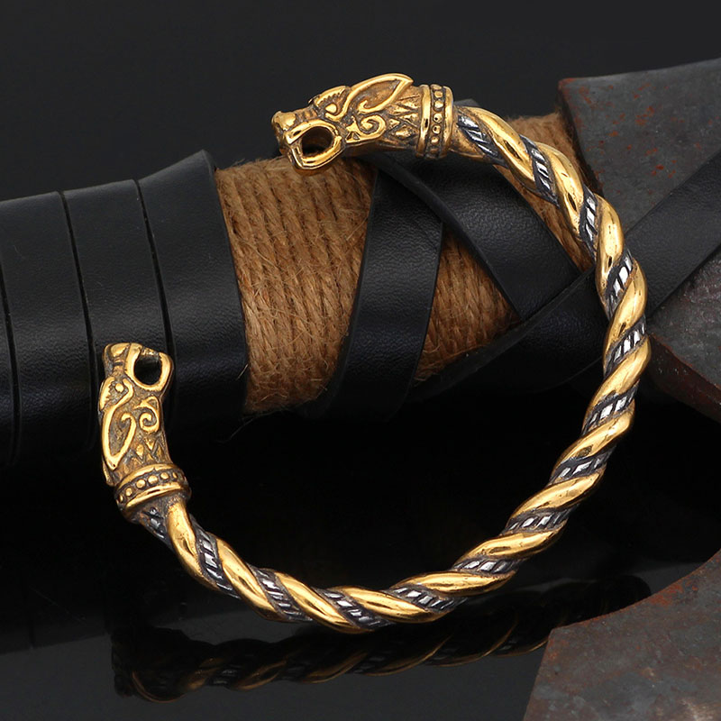 Wholesale Scandinavian Viking Stainless Steel Titanium Steel Double Dragon Open Solid Bracelet