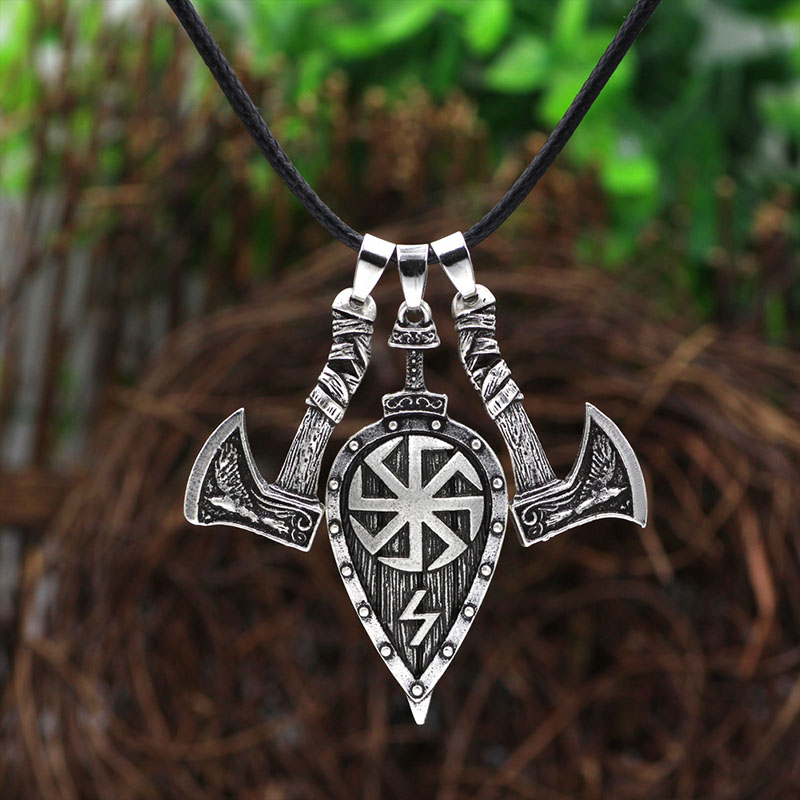 Wholesale Nordic Viking Double Axe Head Leaf Vintage Pendant Necklace