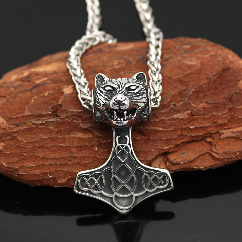 Wholesale Scandinavian Viking Hammer Bear Head Necklace Vintage Pendant