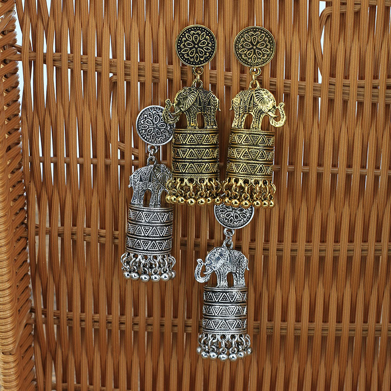 Thai Indian Vintage Fashion Ethnic Style Antique Silver Elephant Tassel Earrings Supplier