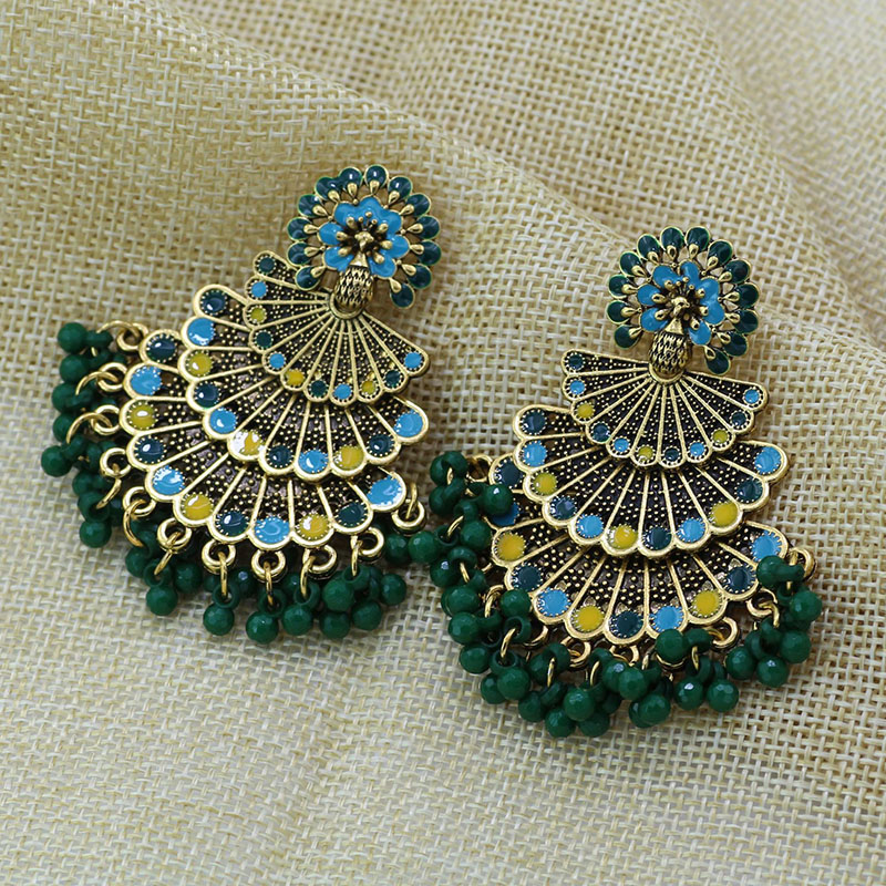 Pinch Silk Enamel Peacock Opening Green Peacock Phoenix Crown Vintage Earrings Supplier