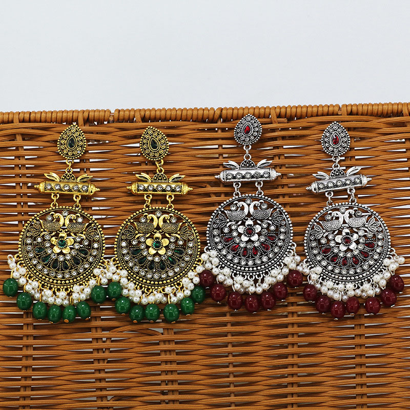 Indian Wind Green Phoenix Imitation Onyx Bohemian Long Diamond-set Earrings Ethnic Wind Earrings Manufacturer