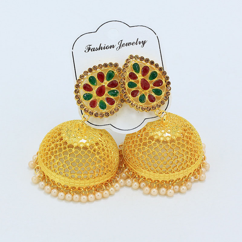 Nepalese Ethnic Style Gold-plated Earrings Bells Pearl Earrings Pins With Colored Diamonds Court Vintage Manufacturer