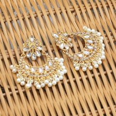Indian Gold Plated Earrings Handmade Moon Fan Pearl Large Earrings Supplier