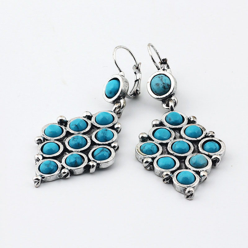 Antique Silver Turquoise Earrings Creative Square-shaped Vintage Pattern Exaggerated Earrings Manufacturer