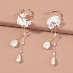 Wholesale Baroque Pearl Flower Cluster Tassel Long Literary C-shaped Earrings