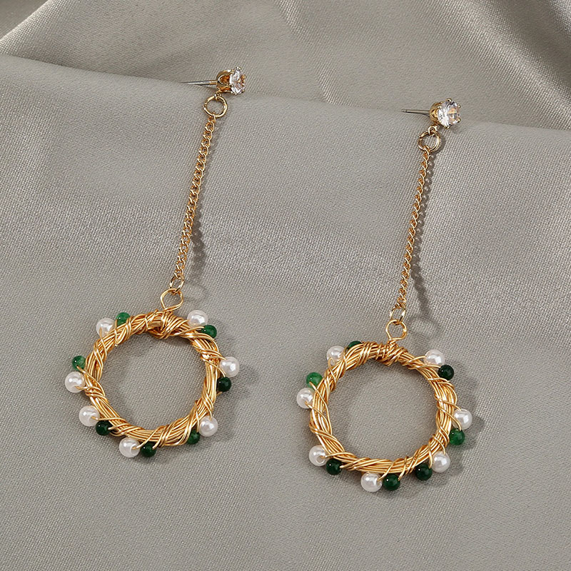 Wholesale Long Dangling Green Natural Stone Small Round Bead Earrings Courtly French Vintage Earrings