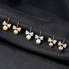 Wholesale Bow Pearl S925 Silver Ear Hook Type Earrings With Zirconia Korean Version Of Exquisite Sweet