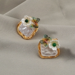 Wholesale S925 Hand-wound Baroque Faux Pearl Earrings Small Butterfly Flower Earrings
