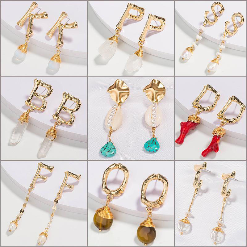 Wholesale Simple Natural Pearl Dazzling Natural Stone 26 Letters Earrings