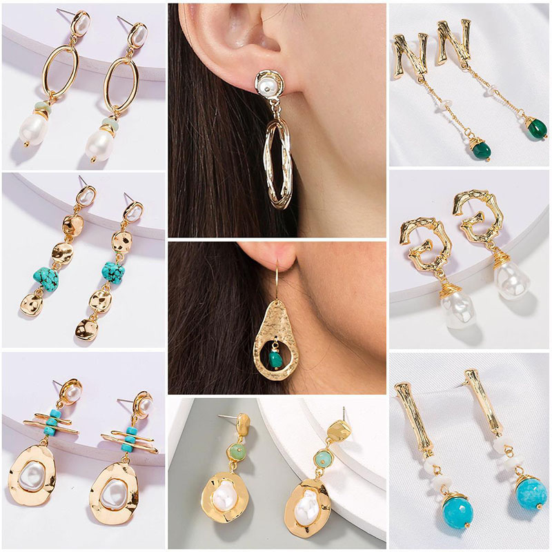 Wholesale Natural Stone Inlay Delicate Alloy Earrings Fashion Dangle Tassel Earrings Chain Shaped Pearl