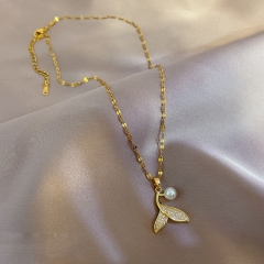 Titanium Steel Delicate Pearl Necklace Pendant Rice Beads Simple Fishtail Necklace Manufacturer