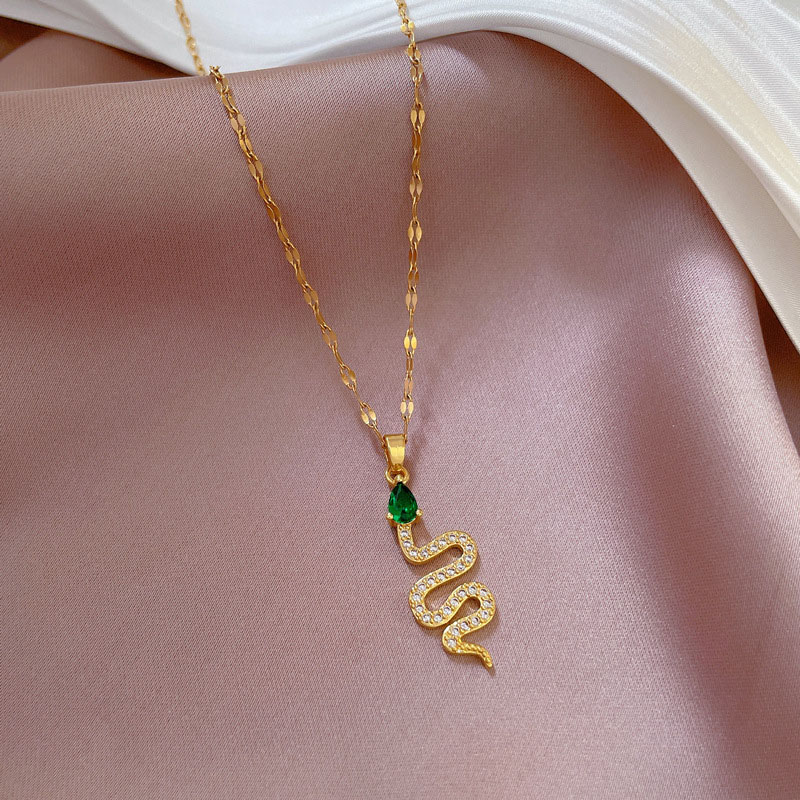 Titanium Steel Light Luxury Green Eyes Small Snake Micro-set Real Gold Necklace Transfer Beads Clavicle Chain Manufacturer