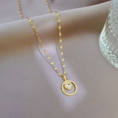 Titanium Steel Luxury Full Diamond And Zirconia Round Necklace With Copper Plated Real Gold Pendant Manufacturer