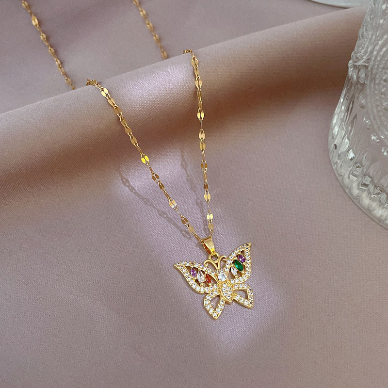 Titanium Steel Light Luxury Full Diamond Micro-set Zirconia Heavy Color Butterfly Necklace Copper Plating Real Gold Pendant Manufacturer
