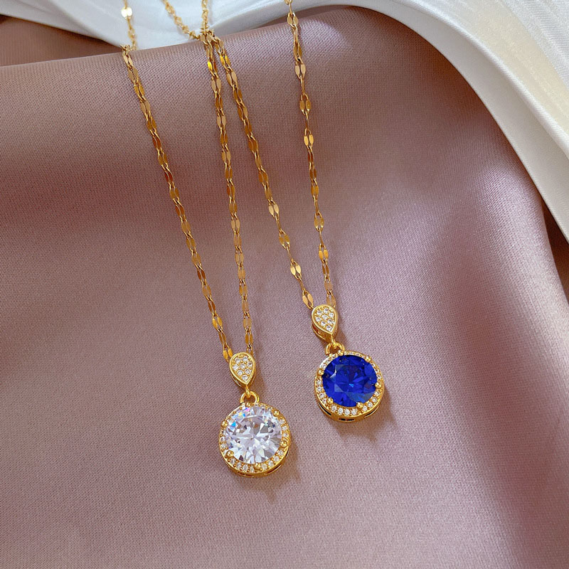 Titanium Steel Light Luxury Full Of Diamonds Round Micro-set Real Gold Necklace Transit Beads Clavicle Chain Manufacturer