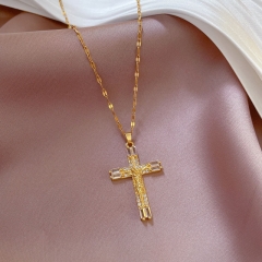Titanium Steel Full Diamond Cross Necklace With Real Gold Beads Manufacturer