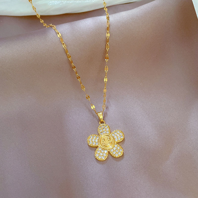 Titanium Steel Light Luxury Flower Smiley Face Micro-set Real Gold Necklace Transfer Beads Clasp Chain Manufacturer