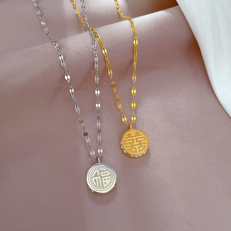 Wholesale Titanium Steel Lucky Word With Diamonds Double-sided Real Gold Necklace Clavicle Chain