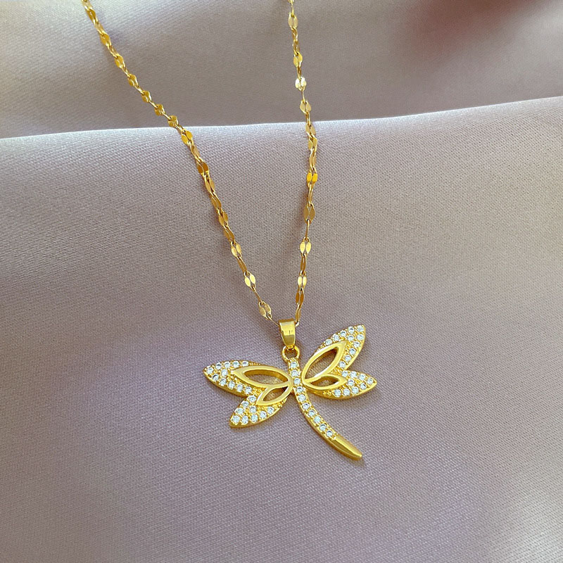 Titanium Steel Extravagant Dragonfly And Water Micro-set Real Gold Necklace Transit Clavicle Chain Manufacturer
