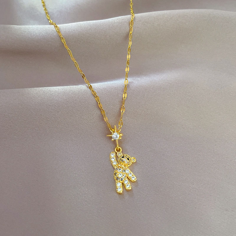 Titanium Steel Light Luxury Full Of Diamonds Bear Real Gold Necklace Clavicle Chain Manufacturer