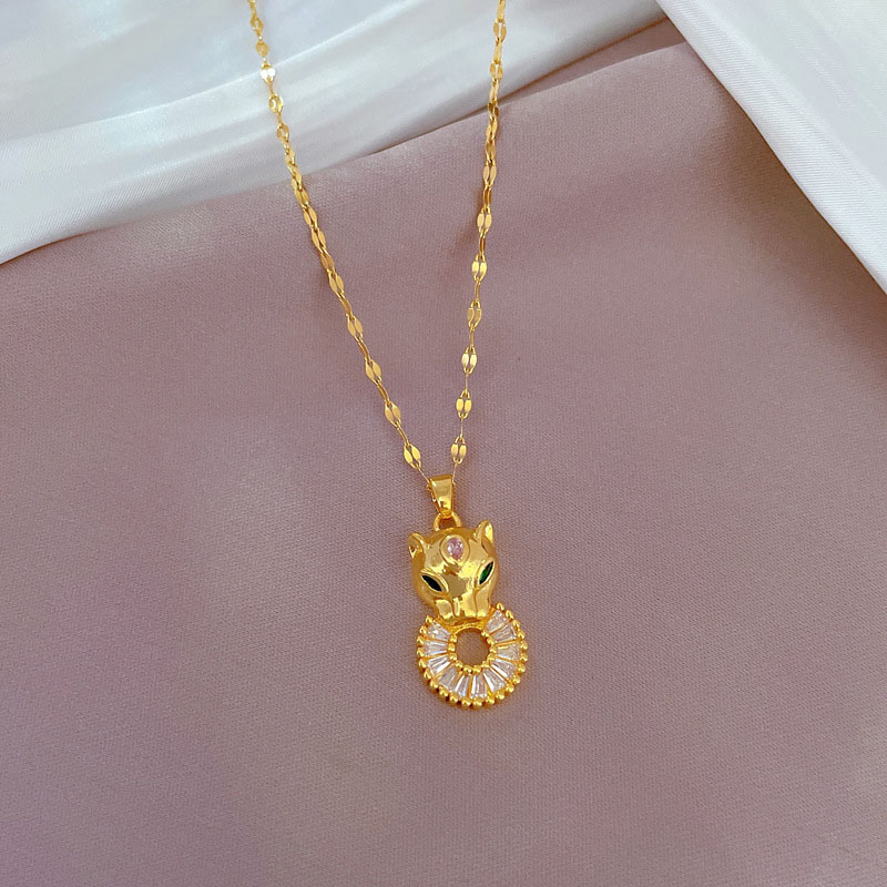 Wholesale Titanium Steel Light Luxury Leopard Head Cookie Zirconia Design Hundred Match Korean Style Necklace